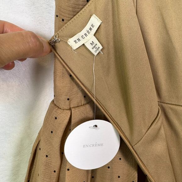 En Crème Polka Dot Shoulder Tie Pleated Wide Leg Jumpsuit: Light Brown / M - Picture 5 of 16